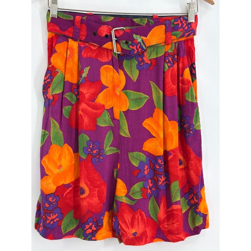 Vtg Classique Floral High Waisted Shorts Belted Rayon Sz M Beach 80s 90s Retro